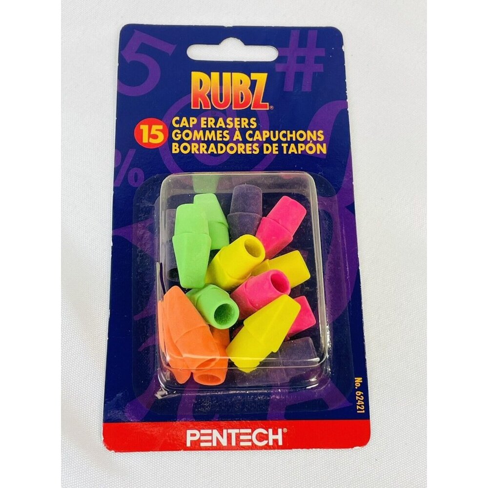 Vintage 1999 Pentech Rubz Eraser Cap Toppers Multi-Color 15 Pieces Open Box